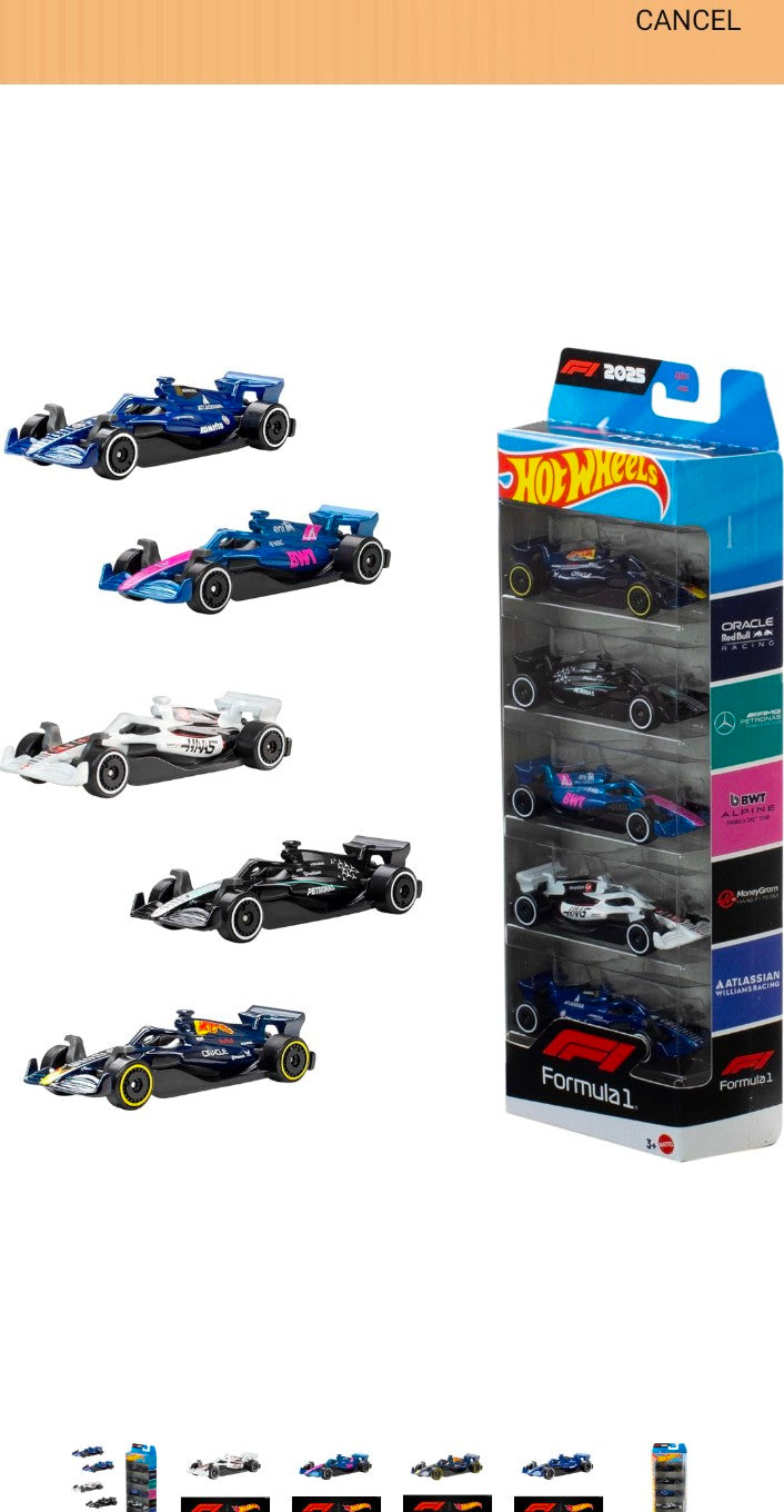 Hot Wheels 1:64 Scale 5-Pack Formula 1 Die-Cast Toy Cars, Set of 5 Officially Licensed, Collectible F1 Race Cars for Play or Display