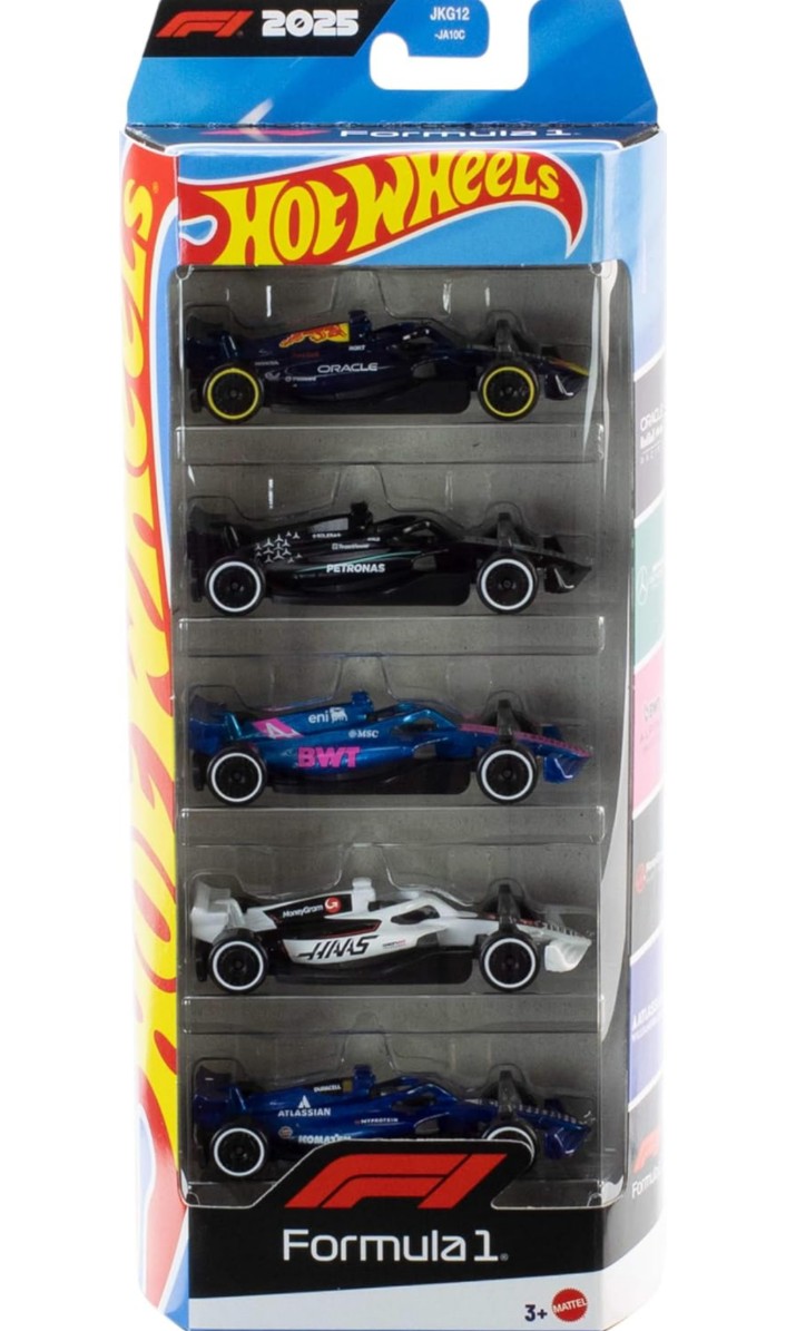 Hot Wheels 1:64 Scale 5-Pack Formula 1 Die-Cast Toy Cars, Set of 5 Officially Licensed, Collectible F1 Race Cars for Play or Display