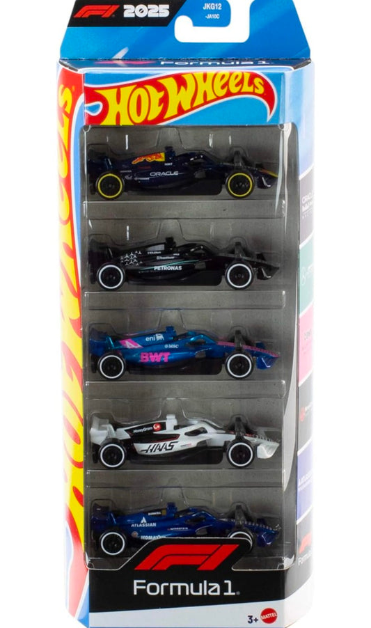 Hot Wheels 1:64 Scale 5-Pack Formula 1 Die-Cast Toy Cars, Set of 5 Officially Licensed, Collectible F1 Race Cars for Play or Display
